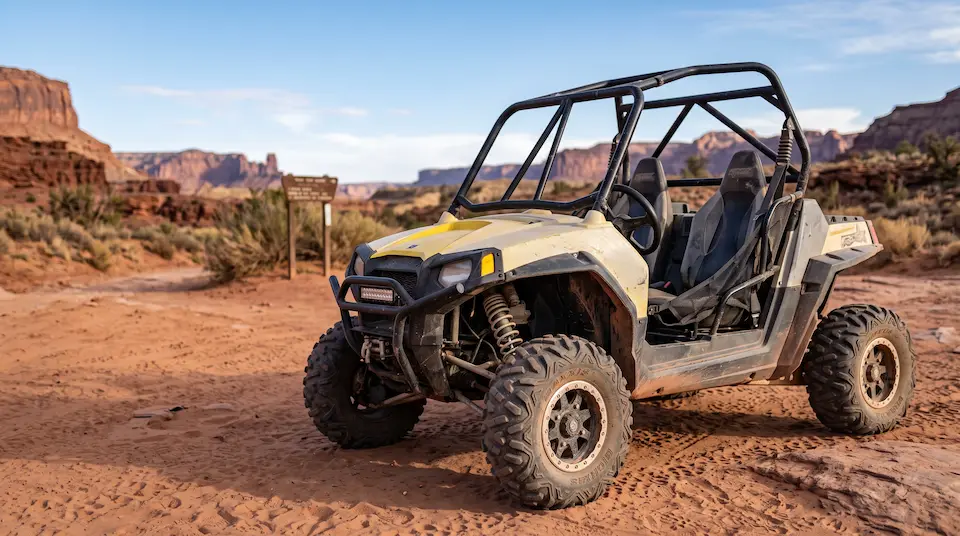 Older sport side-by-side with sun-bleached, scratched yellow and black plastics parked at a desert trailhead