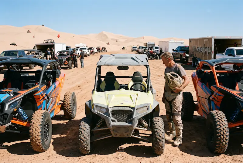 Rider beside an older side-by-side with faded plastics, parked between two newer, glossy machines at a dune staging area